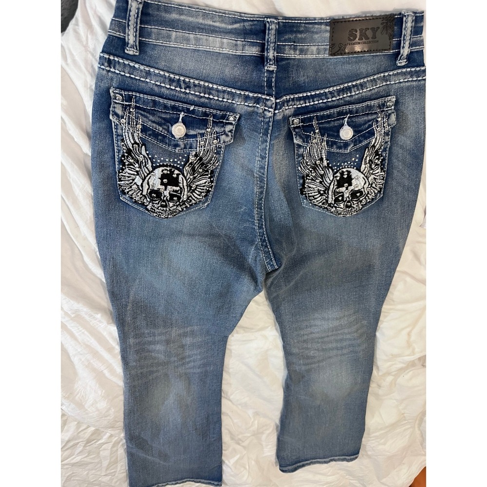 NWT SKY Blue Bootcut Jeans 13 Winged Skull Rhinestone Bling Y2K Mall Goth Denim - Picture 4 of 13